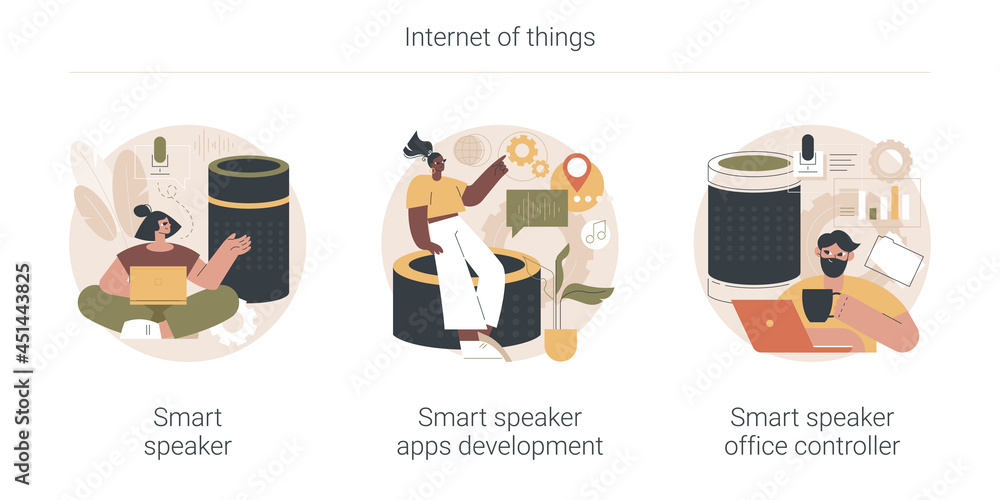 Poster internet of things abstract concept vector illustration set. smart speaker apps development and offi