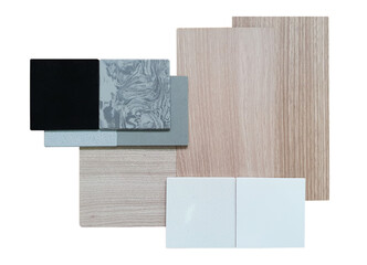 interior construction materials board showing combination of artificial stones, multi texture and color, and oak wooden laminate samples isolated on white background with clipping path.