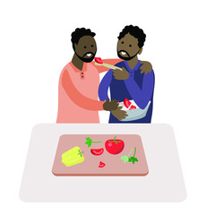 Two african american gay men are eating a tomato salad. Vector illustration.