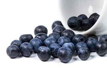 Ripe blueberries are scattered from a white ceramic cup on a white background close-up.