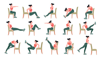 Fototapeta na wymiar Chair stretching exercises set. woman doing fitness and yoga exercises with chair. 