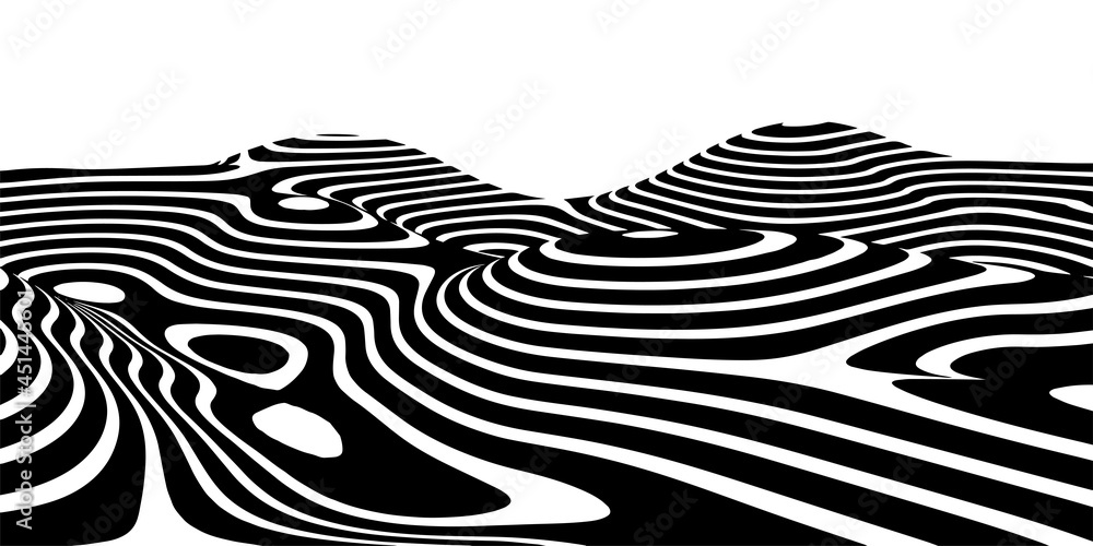 Poster optical illusion curve wave. abstract vector background with black and white lines. pattern distorte