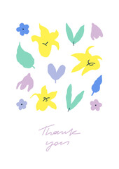  Set of hand drawn floral shapes. Abstract plants elements. Simple flowers and leaves. Thank you card with floral illustration
