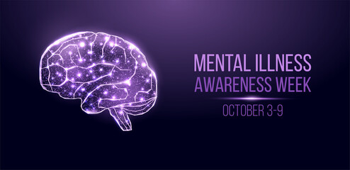 Mental illness awareness week concept. Banner with glowing low poly wireframe brain. Futuristic modern abstract. Isolated on dark blue background. Vector illustration.