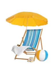 Zelfklevend Fotobehang Open yellow beach umbrella, deck chair, inflatable ball and accessories on white background © New Africa