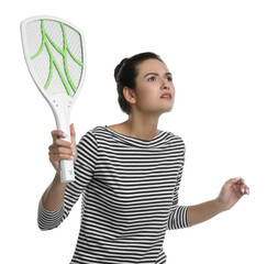 Young woman with electric fly swatter on white background. Insect killer