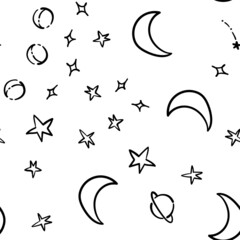 Stars, planets and moons seamless pattern. Hand drawn sky element doodles. Background texture. Space, universe and cosmos.