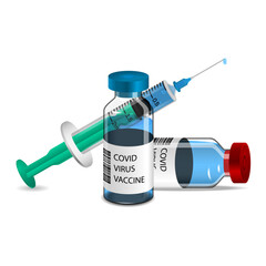 Coronavirus vaccine. Vials with vaccine and syringe for vaccination. Covid-19 coronavirus treatment. Vector illustration.