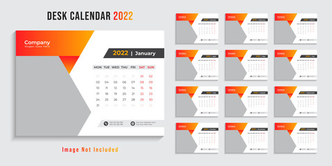 Desk calendar template for 2022 year. Set of 12 months. 2022. Week starts on monday.Print ready editable calender. Planner design.