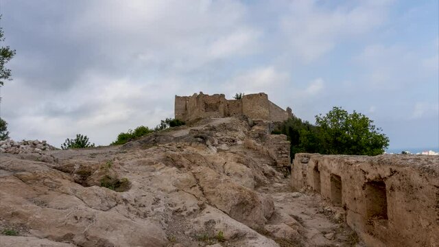 Timelapse video overlooking the ruined castle of Bayren, on an afternoon with cloudy skies