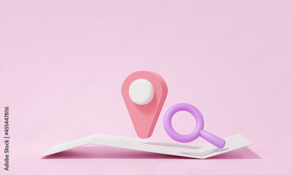Poster minimal cartoon style pin pointer and map location search gps, travel navigation concept. paper map,