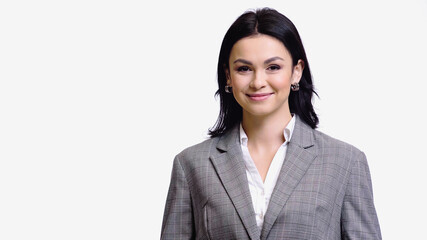 Smiling woman in jacket looking at camera isolated on white.
