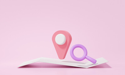Minimal cartoon style pin pointer and Map location search GPS, travel navigation concept. Paper map, banner, website, on pink background. 3d render. illustration