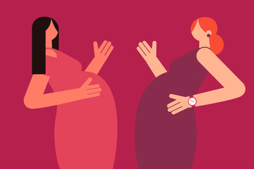 Two pregnant woman, young mothers. Friendship, sisterhood. Better together. Minimal colorful fun vector illustration. 