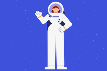 Female astronaut, pioneer, trailblazer. Spacewoman exploring outer space. Cosmonaut in spacesuit on a blue background. Minimal colorful vector illustration.  Cartoon, character design. 