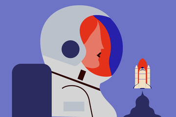 Female astronaut, pioneer, trailblazer. Spacewoman exploring outer space. Cosmonaut in spacesuit on a blue background. Human spaceflight. Modern colorful vector illustration
