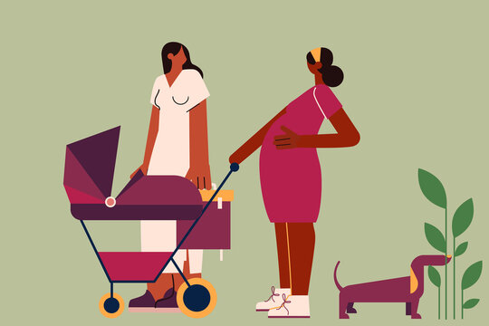 Two black female friends with stroller, walking and chatting. Pregnant woman, mother. Minimal colorful fun vector illustration 