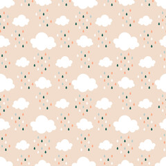 Seamless pattern with clouds and raindrops. Cute and childish design for fabric, textile, wallpaper, bedding, swaddles or gender-neutral apparel.