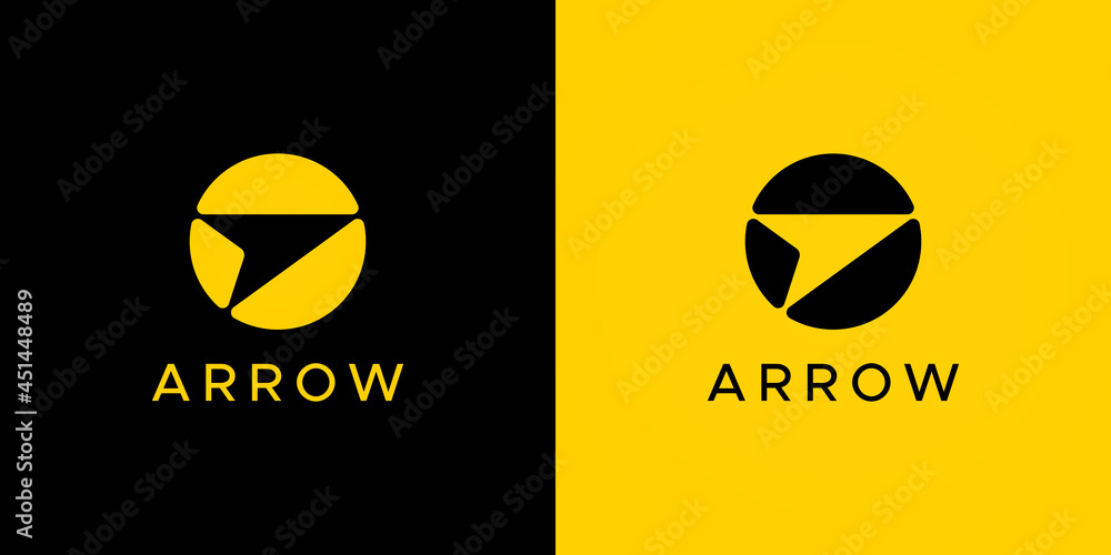 Poster simple arrow up logo. black and yellow circle shape with negative space arrow inside isolated on dou