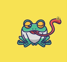 cute frog catching a fly. cartoon animal nature concept Isolated illustration. Flat Style suitable for Sticker Icon Design Premium Logo vector. Mascot Character
