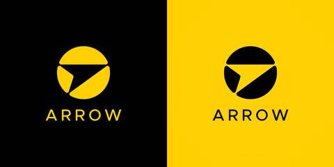 Simple Arrow Up Logo. Black and Yellow Circle Shape with Negative Space Arrow inside isolated on Double Background. Usable for Business and Branding Logos. Flat Vector Logo Design Template Element.