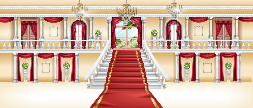 Palace Interior, Vector Castle Room Background, Royal Ballroom, Arch Window, Red Carpet, Marble Column. Luxury Hotel Hall, White Staircase Balustrade, Golden Chandelier. Rich Vintage Palace Interior