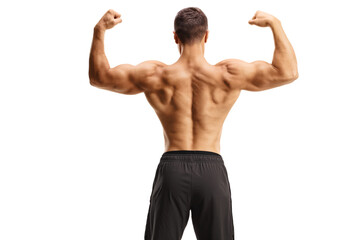 Rear view of a bodybuilder shirtless flexing muscles
