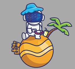 cute astronaut on planet with sandcastle. cartoon animal travel holiday vacation summer concept Isolated illustration. Flat Style suitable for Sticker Icon Design Premium Logo vector. Mascot Character