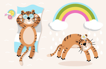 Tiger set of summer beach and rainbow illustration in color on beige background for calendar 2022, t-shirt print, card invitation, nursery poster. Flat vector illustration