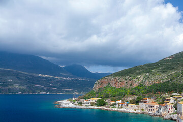 Naklejka na ściany i meble Limeni village, panoramic view of one of the most picturesque traditional settlements of the famous Mani region, a historic and most beautiful region in Laconia, Peloponnese, Greece, Europe. 
