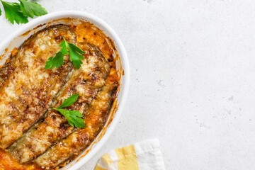 Healthy eggplant casserole. Space for text, top view.