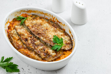 Tomato chicken eggplant casserole. Space for text.