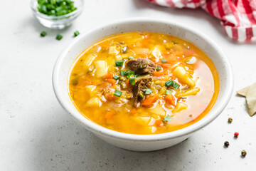 Sweet potato chick pea red lentil soup.  Copy space.