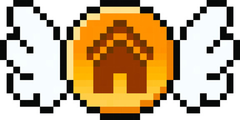 Pixel 8 bit housing coin with wings - vector, isolated