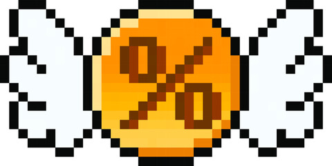 Pixel 8 bit percentage coin with wings - vector, isolated