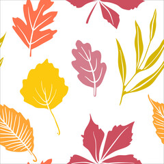 Seamless pattern with autumn leaves. Colorful paper cut fall woods collection isolated on white background. Doodle hand drawn vector illustration.