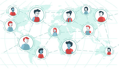 Global network (world wide web) between people of different nationalities, working together in a team. Linear icon business style. Flat, simple and informative. Diversity.