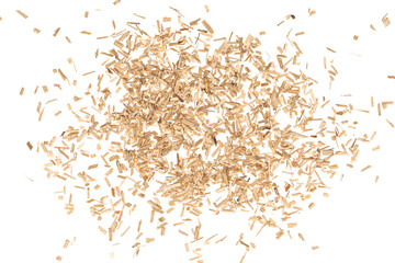 Oak chips sawdust isolated white background. small wood chips for smoking. sawdust texture . ecological fuel - obrazy, fototapety, plakaty