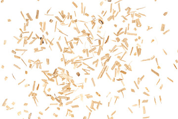 Oak chips sawdust isolated white background. small wood chips for smoking. sawdust texture ....