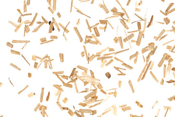 Oak chips sawdust isolated white background. small wood chips for smoking. sawdust texture ....