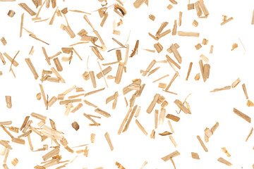 Oak chips sawdust isolated white background. small wood chips for smoking. sawdust texture ....