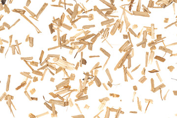 Oak chips sawdust isolated white background. small wood chips for smoking. sawdust texture . ecological fuel