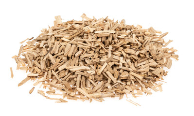 Oak chips sawdust isolated white background. small wood chips for smoking. sawdust texture . ecological fuel