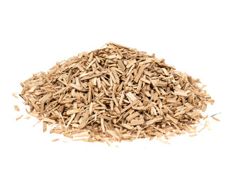 Oak chips sawdust isolated white background. small wood chips for smoking. sawdust texture . ecological fuel