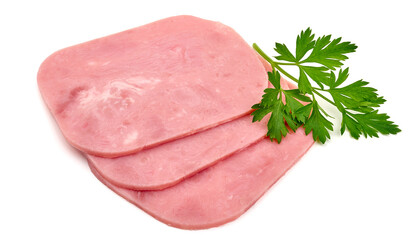 Ham slices, isolated on white background. High resolution image.
