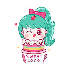 cute sweet girl in a cake. bakery logo with kawaii cartoon.