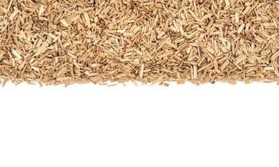 Oak chips sawdust isolated white background. small wood chips for smoking. sawdust texture ....