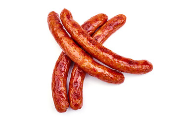 Roasted bbq sausages, isolated on white background. High resolution image.