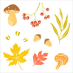 Colorful paper cut autumn leaves and fruits collection isolated on white background. Doodle hand drawn icons. Vector illustration.