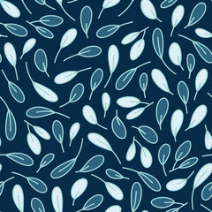 Cute blue botanical leaves seamless pattern design